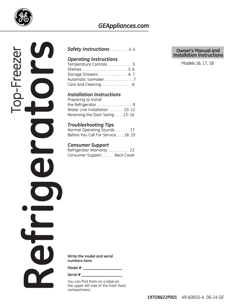 Page 1 de la notice Guide d'installation GE GTN18CBEWW