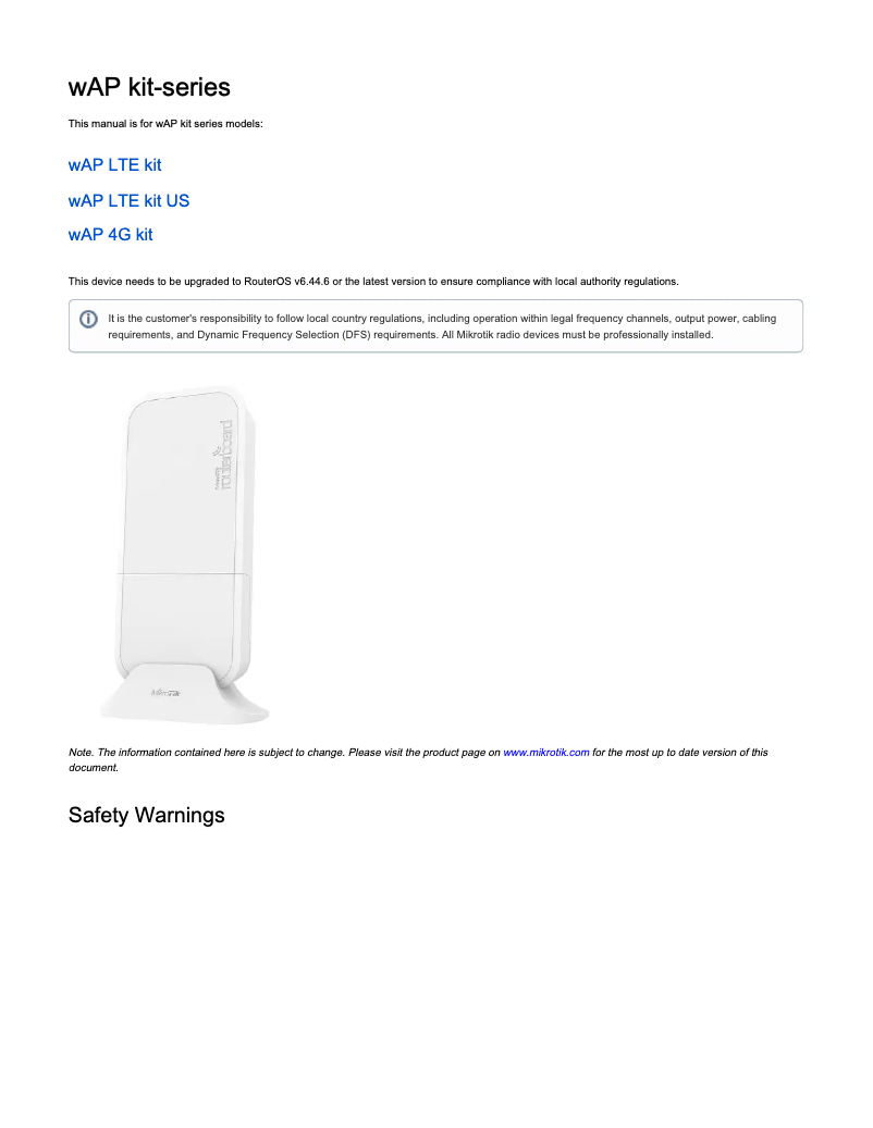 Page 1 de la notice Manuel utilisateur Mikrotik wAP LTE kit