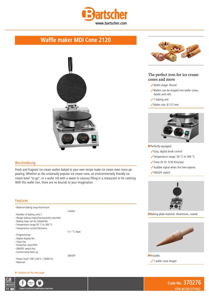 Página 1 del manual Ficha técnica Bartscher MDI Cone 2120