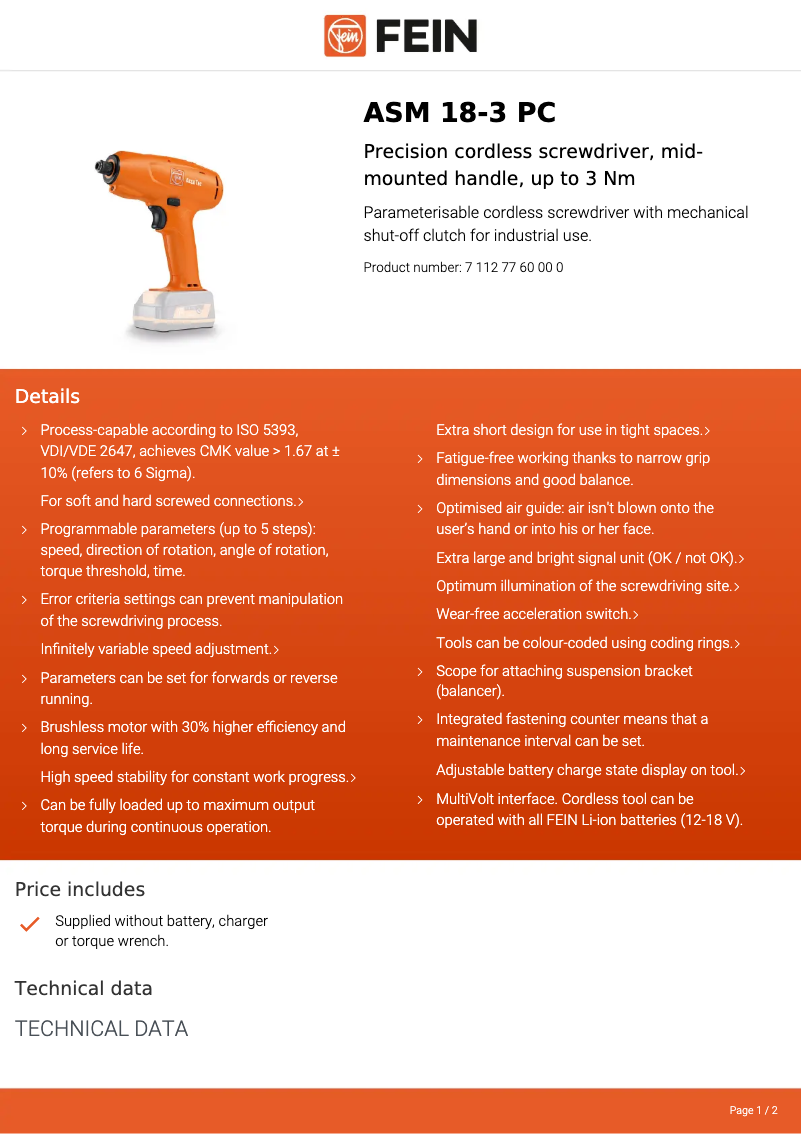 Página 1 del manual Ficha técnica Fein ASM 18-3 PC