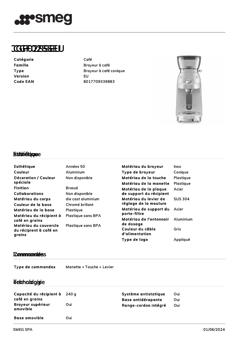 Page 1 de la notice Fiche technique Smeg CGF02