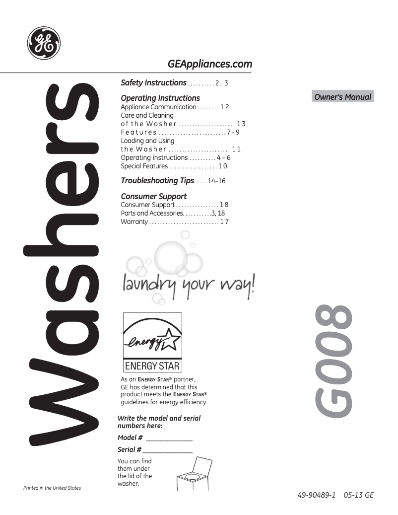 Page 1 de la notice Mode d'emploi GE GTWS8655DMC