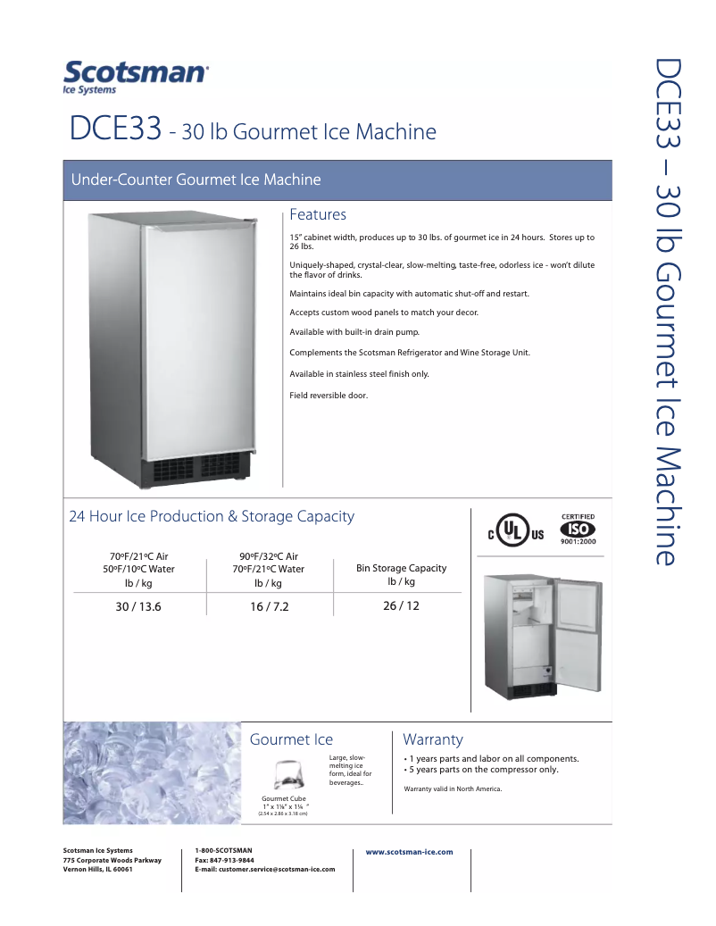 Page 1 of the manual Technical Sheet Scotsman DCE33PA1SSD