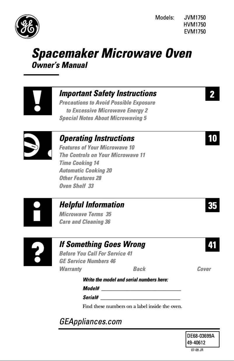 Page n°1 - Manuel utilisateur GE Spacemaker JVM1750DPCC