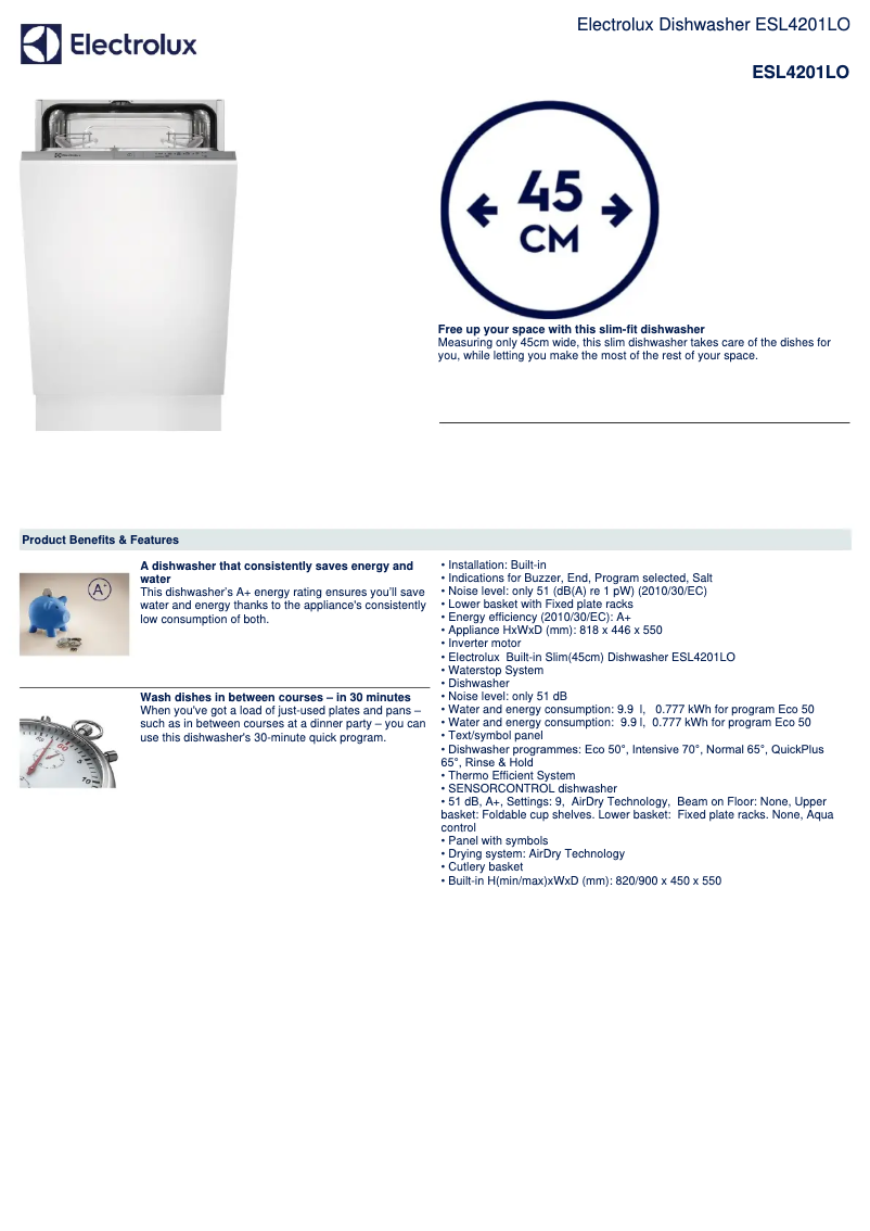 Page 1 de la notice Fiche technique Electrolux ESL4201LO