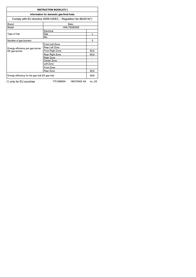 Page 1 de la notice Fiche technique Beko HIAL75226SXE