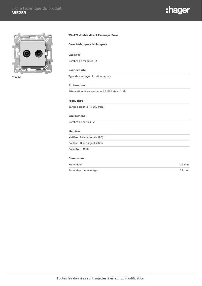 Page n°1 - Fiche technique Hager WE253