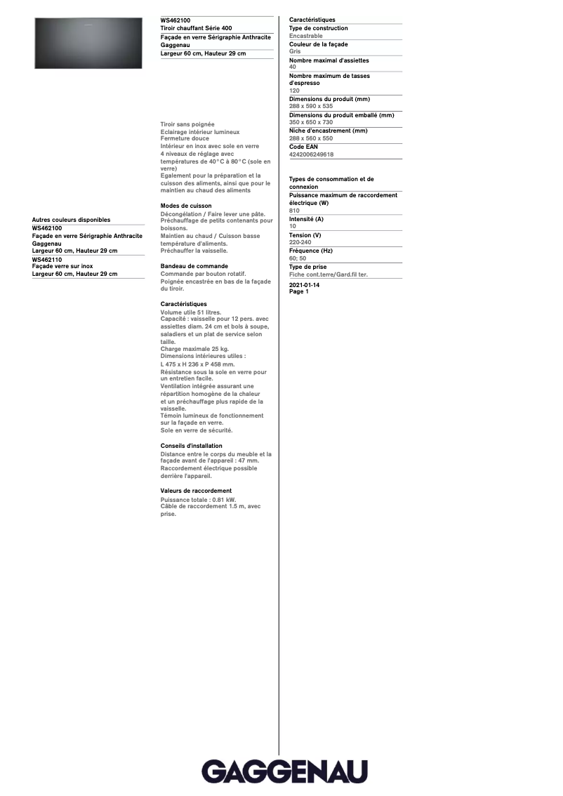 Page 1 de la notice Fiche technique Gaggenau WS462100