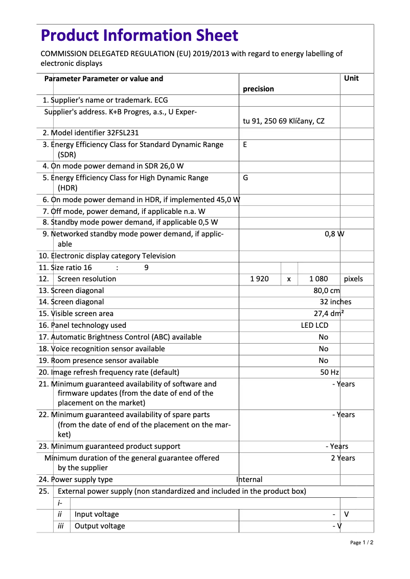 Page 1 de la notice Fiche technique ECG 32FSL231