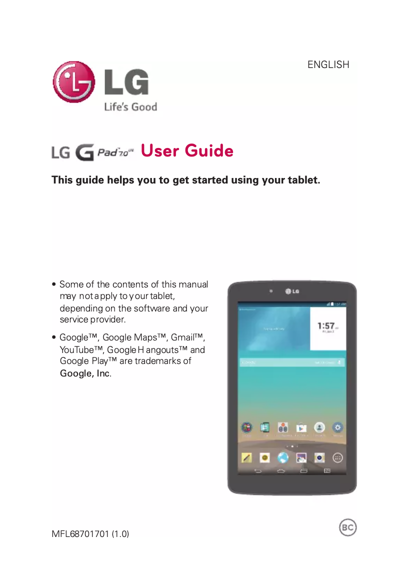 Page 1 de la notice Manuel utilisateur LG G Pad 7.0 LTE