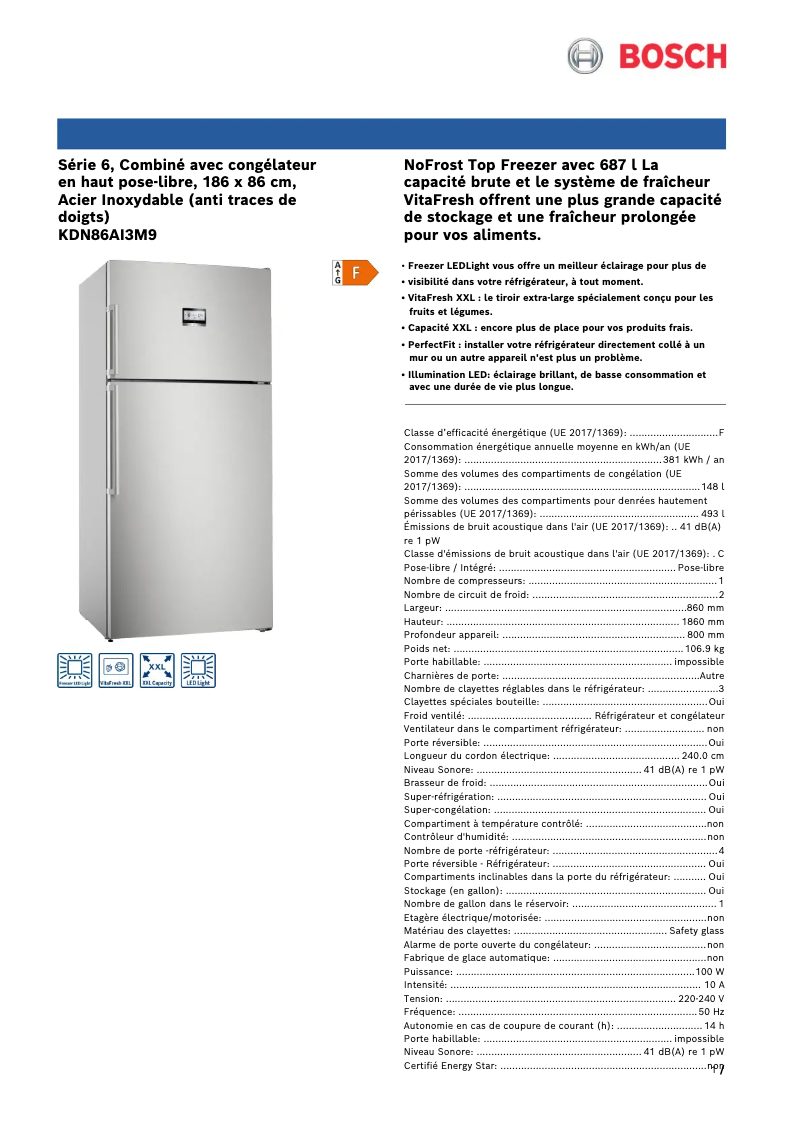 Page 1 de la notice Fiche technique Bosch KDN86AI3M9