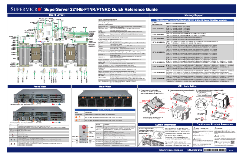 Page 1 de la notice Guide de démarrage rapide Supermicro SuperServer SYS-221HE-FTNRD
