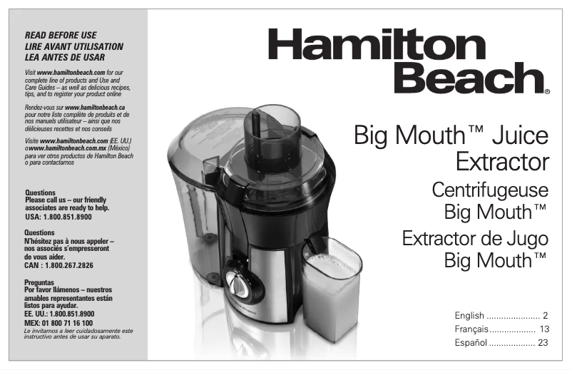 Page 1 de la notice Manuel d'utilisation et d'entretien Hamilton Beach Big Mouth 67650