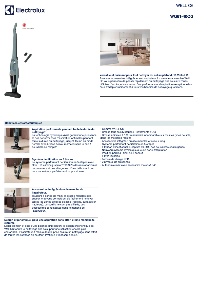 Page 1 de la notice Fiche technique Electrolux WQ61-40OG