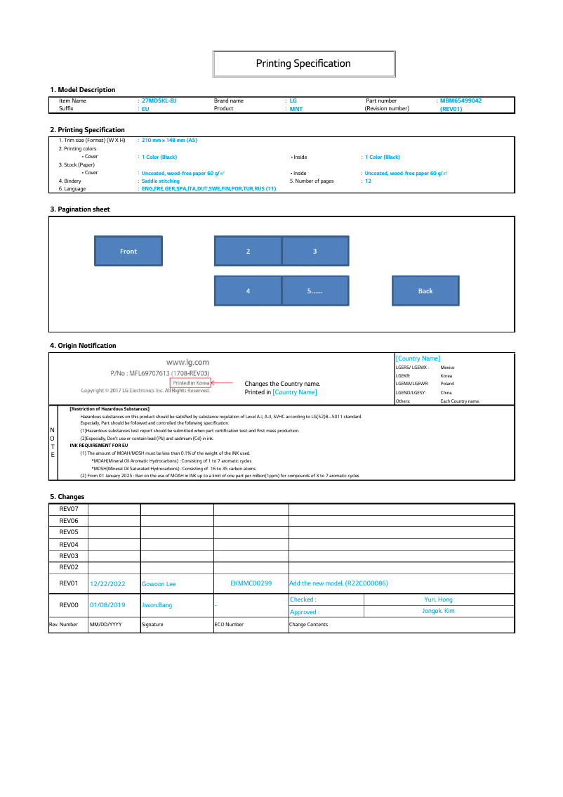 Page 1 of the manual Installation Guide LG 27MD5KLP