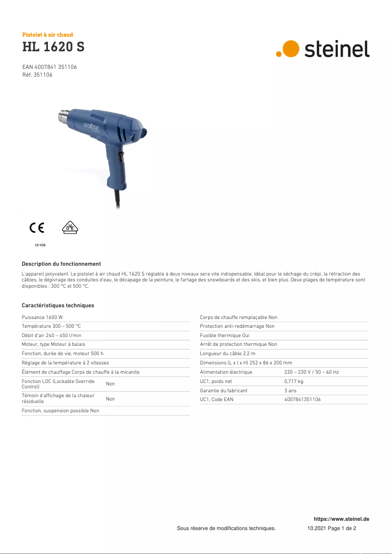 Página 1 del manual Ficha técnica Steinel HL 1620 S