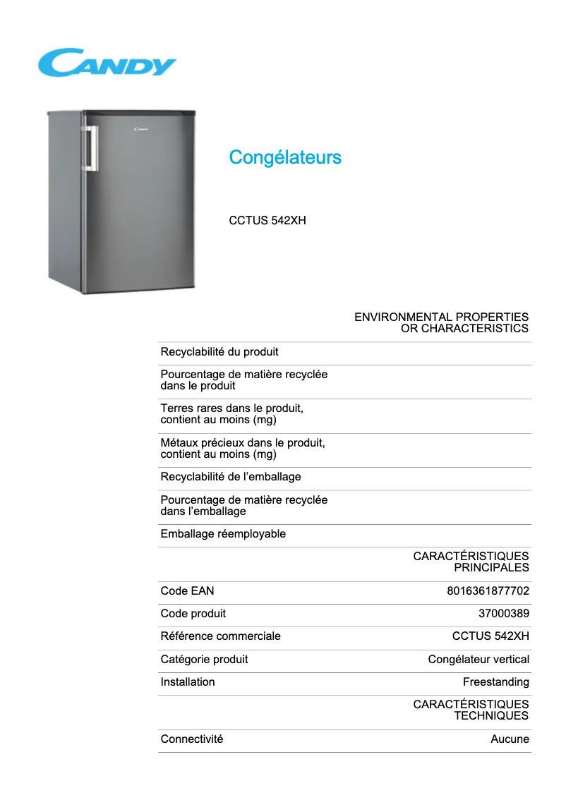 Page n°1 - Fiche technique Candy CCTUS 542XH