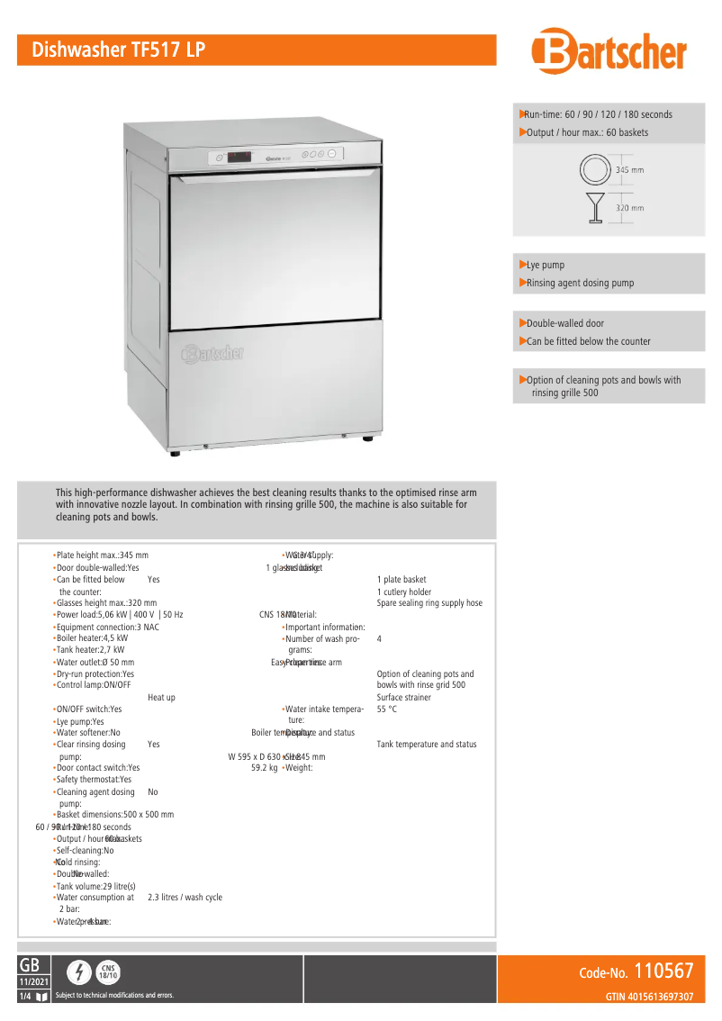 Page n°1 - Fiche technique Bartscher TF517 LP