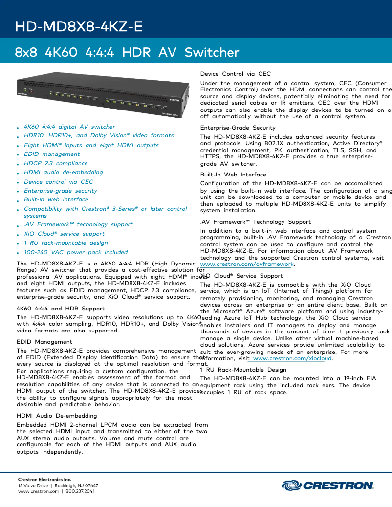 Page 1 de la notice Fiche technique Crestron HD-MD8X8-4KZ-E