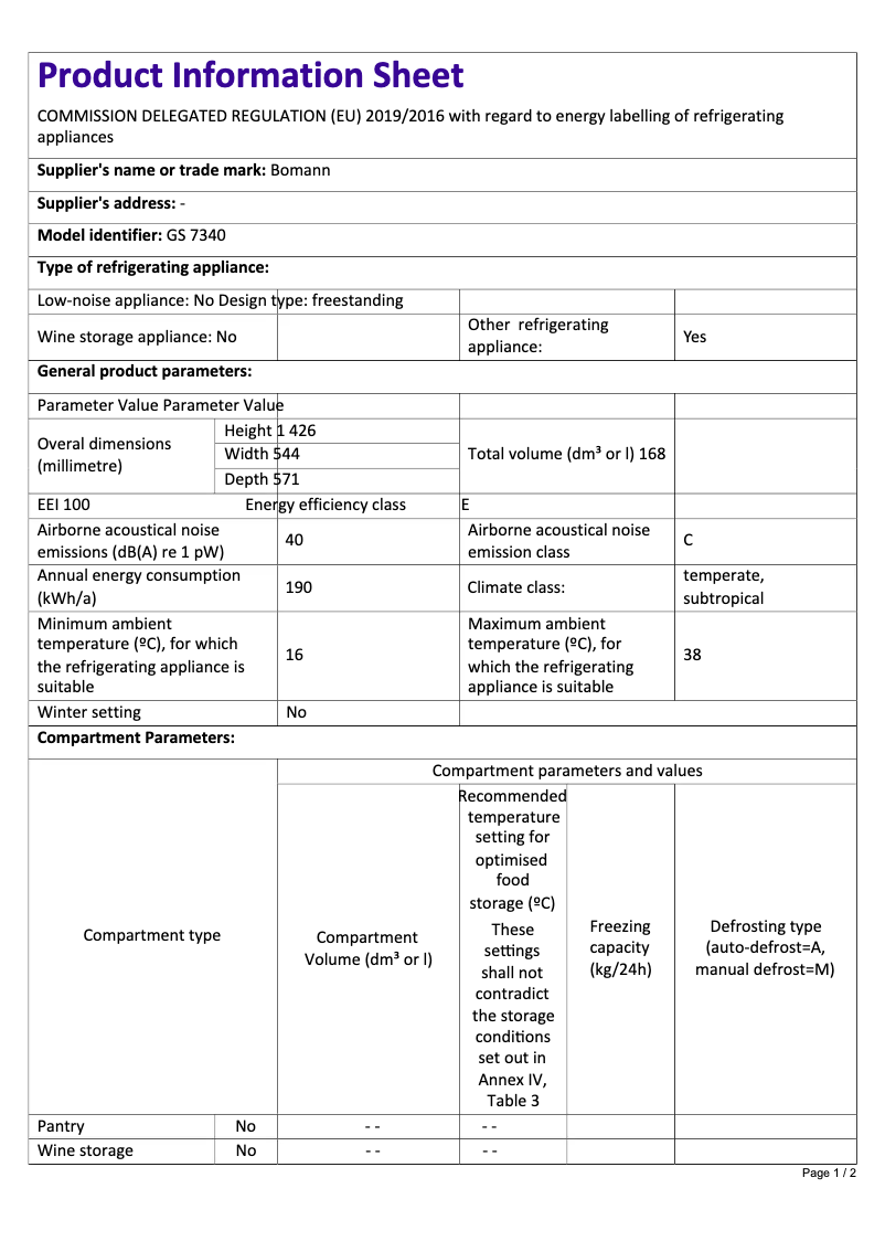 Page 1 de la notice Fiche technique Bomann GS 7340