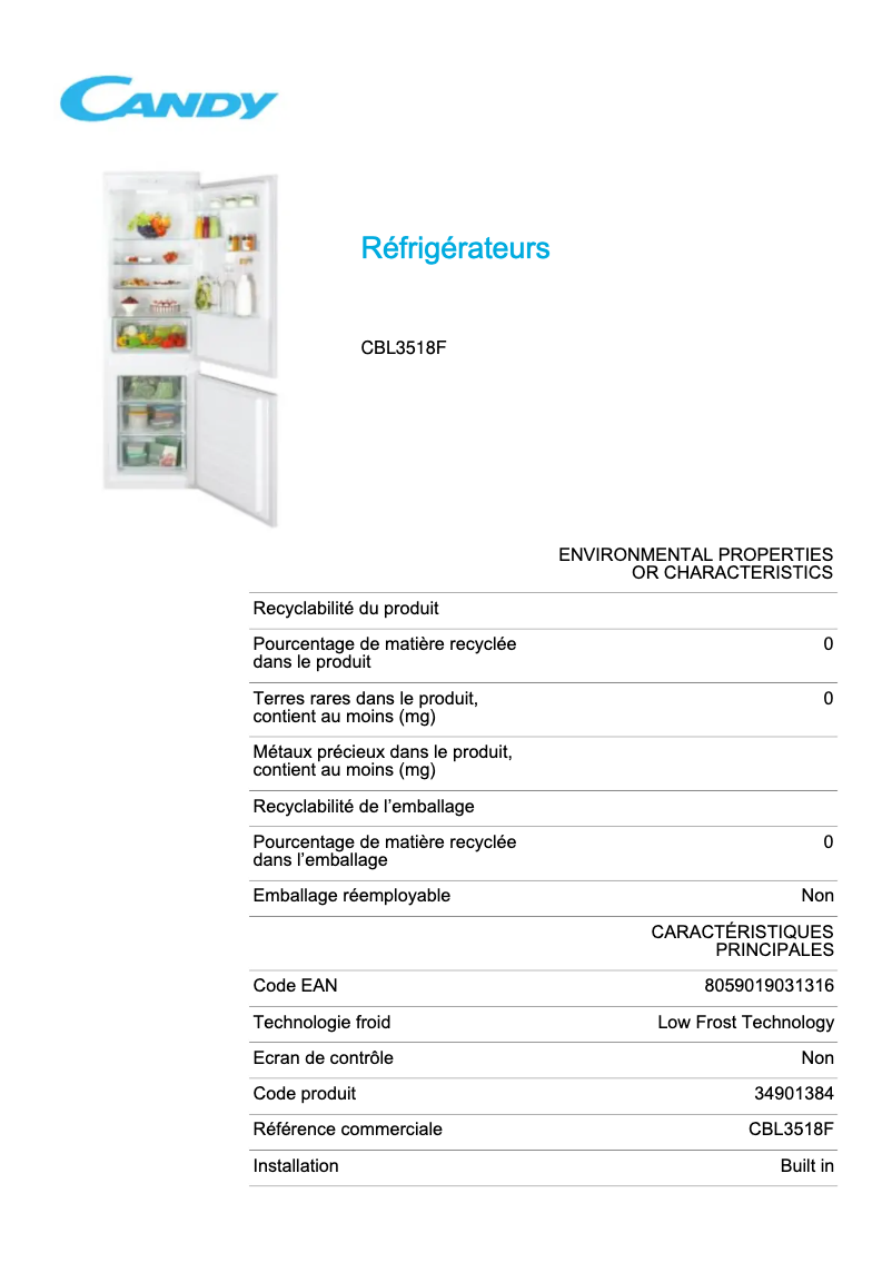 Page 1 de la notice Fiche technique Candy CBL3518F