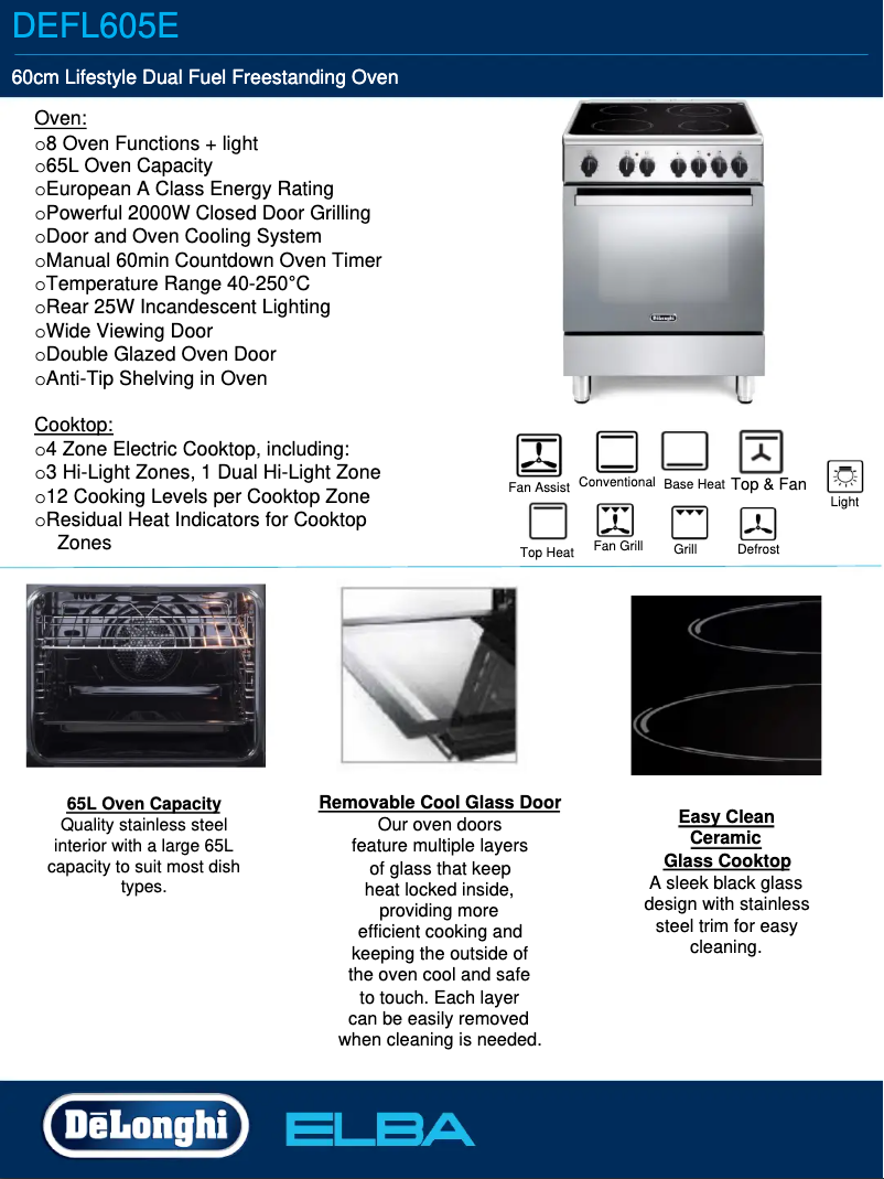 Page 1 de la notice Fiche technique DeLonghi DEFL605E