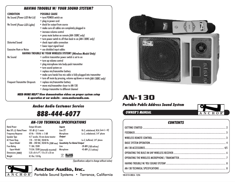 Page 1 of the manual User Manual Anchor Audio AN-130U1BK