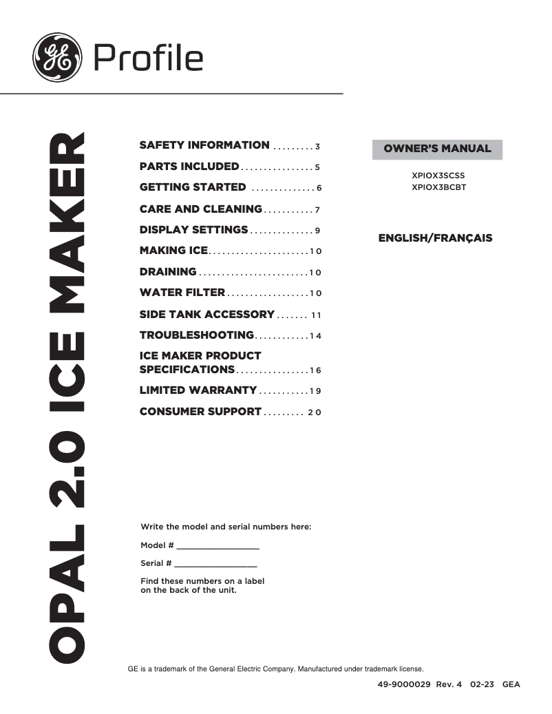 First page image of the manual for Profile Opal XPIOX3BCBT