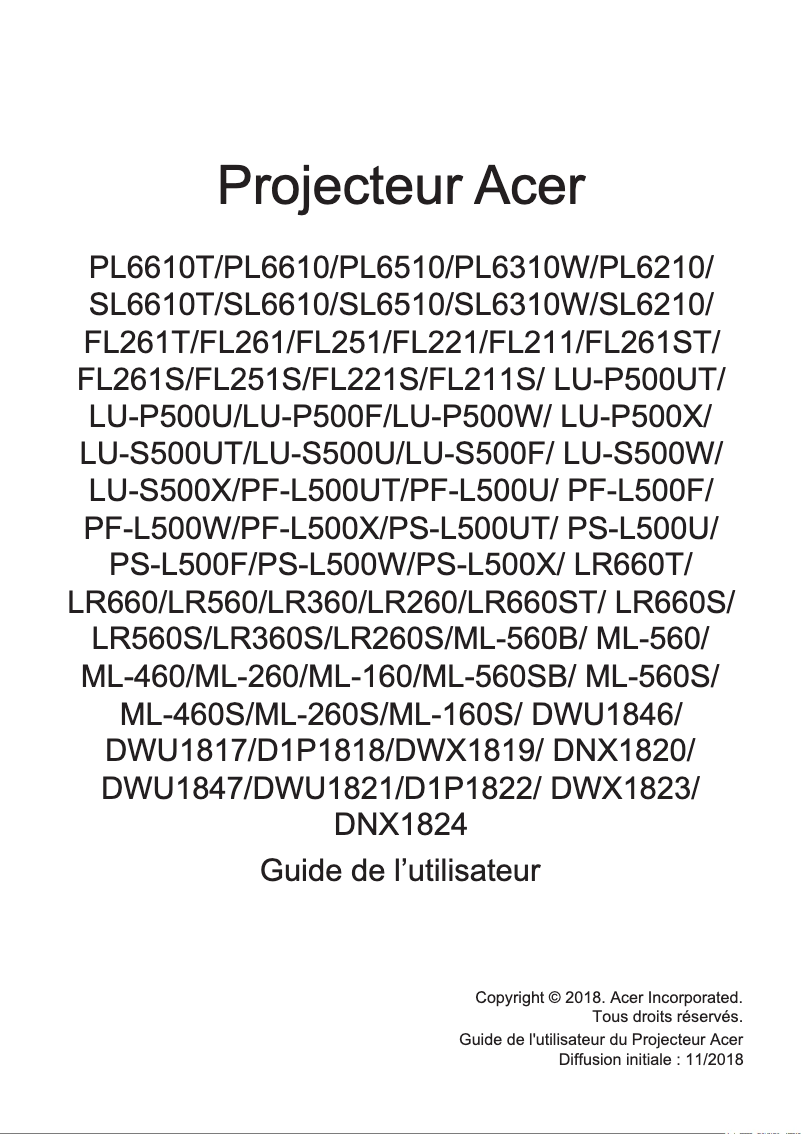 Page 1 de la notice Manuel utilisateur Acer PL6310W