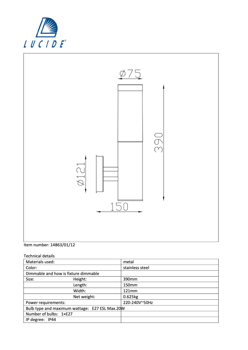 Page 1 de la notice Manuel utilisateur Lucide Kibo 14863/01/12