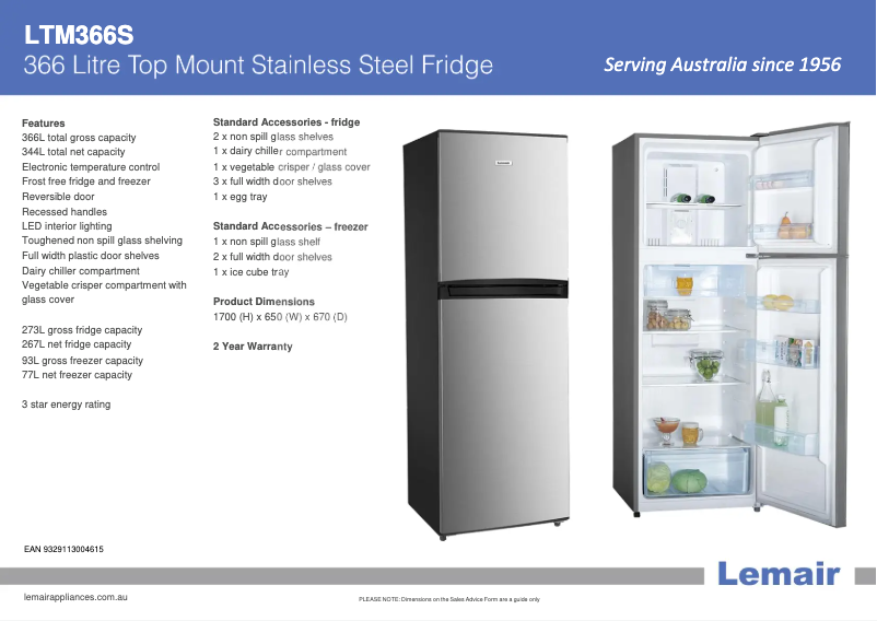 Page 1 de la notice Fiche technique Lemair LTM366S