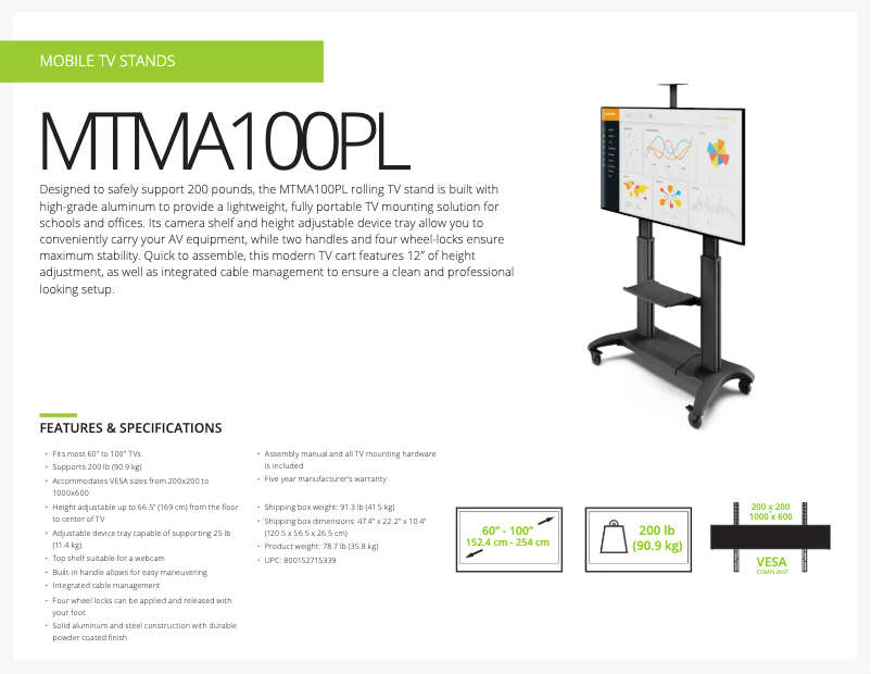 Page 1 de la notice Fiche technique Kanto MTMA100PL