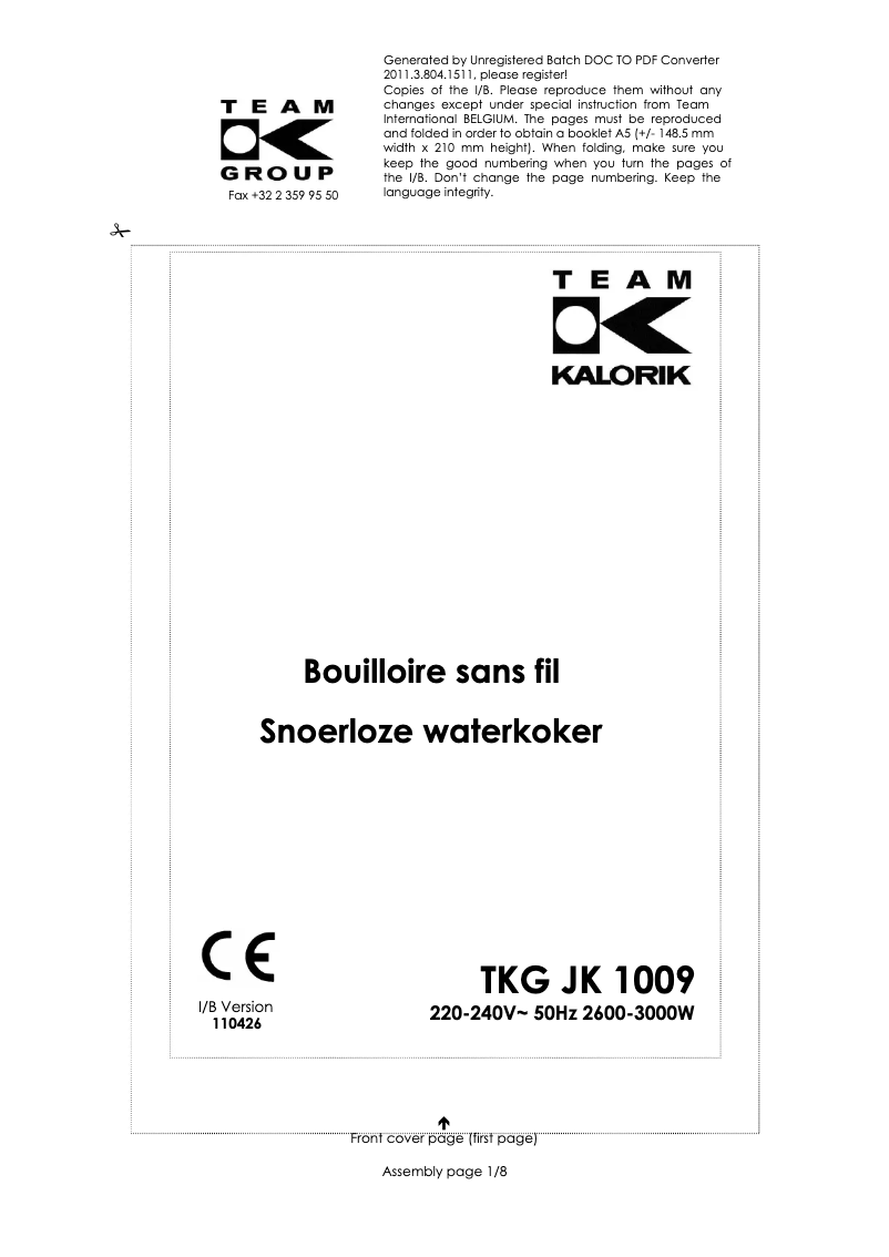 Page 1 de la notice Manuel utilisateur Kalorik TKG JK 1009
