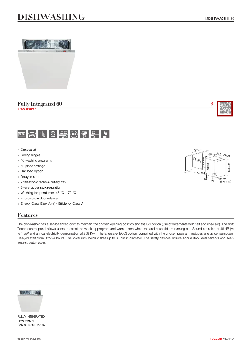 Page n°1 - Fiche technique Fulgor Milano FDW 8292.1