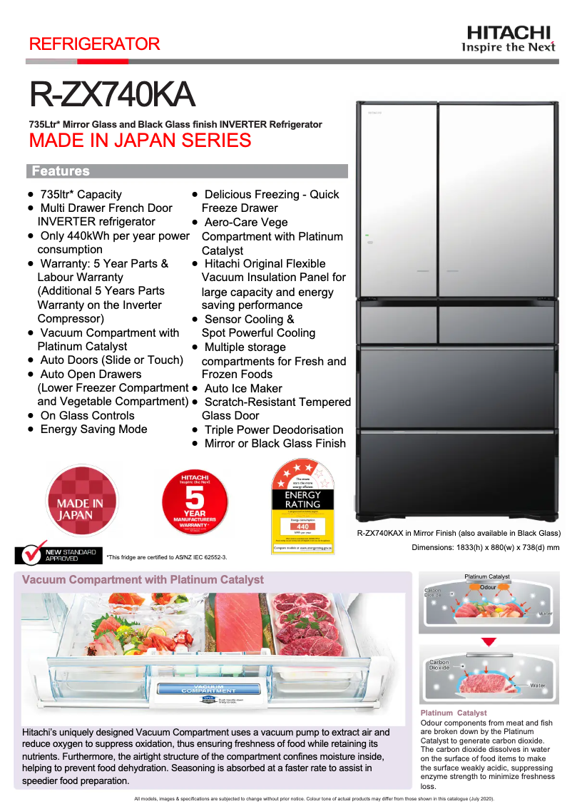 Page 1 de la notice Fiche technique Hitachi R-ZX740KA