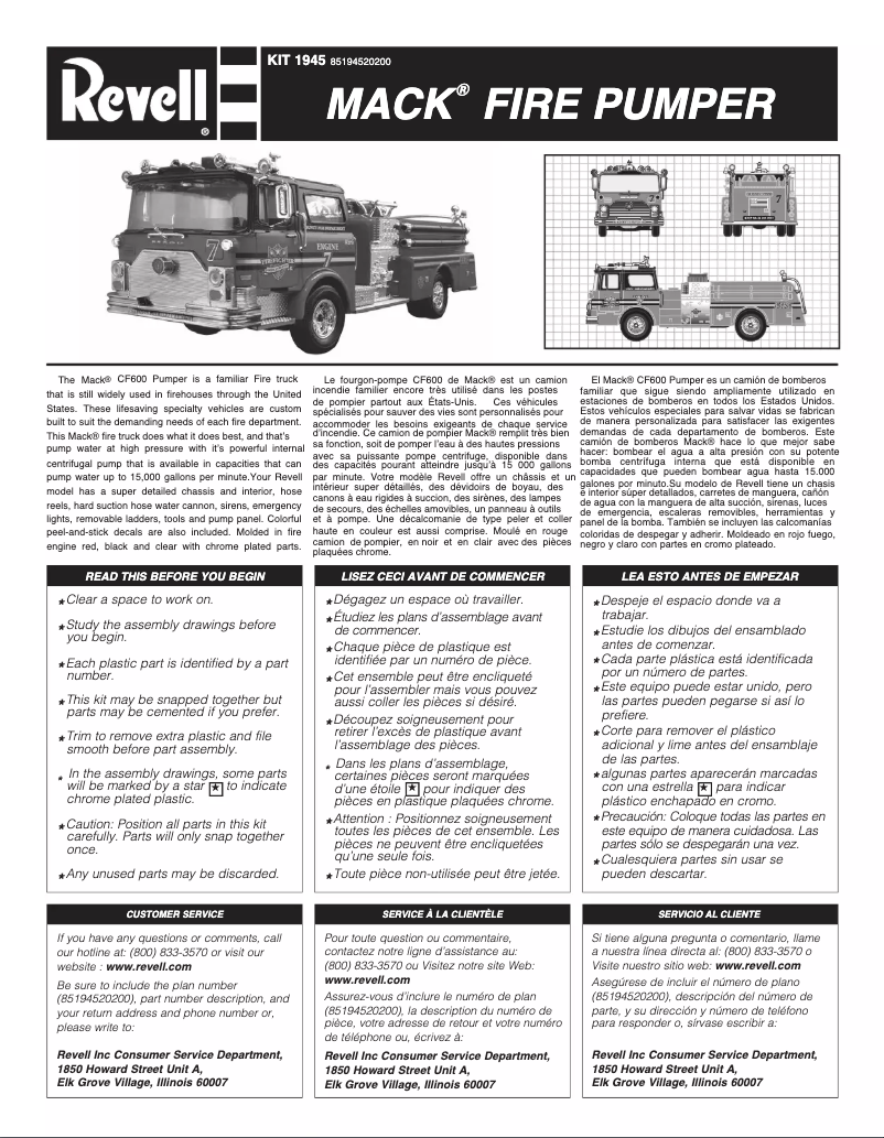 Page n°1 - Manuel utilisateur Revell Mack Fire Pumper