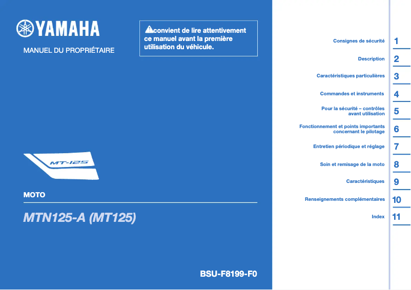 Image de la première page du manuel de l'appareil MT125 (2023)