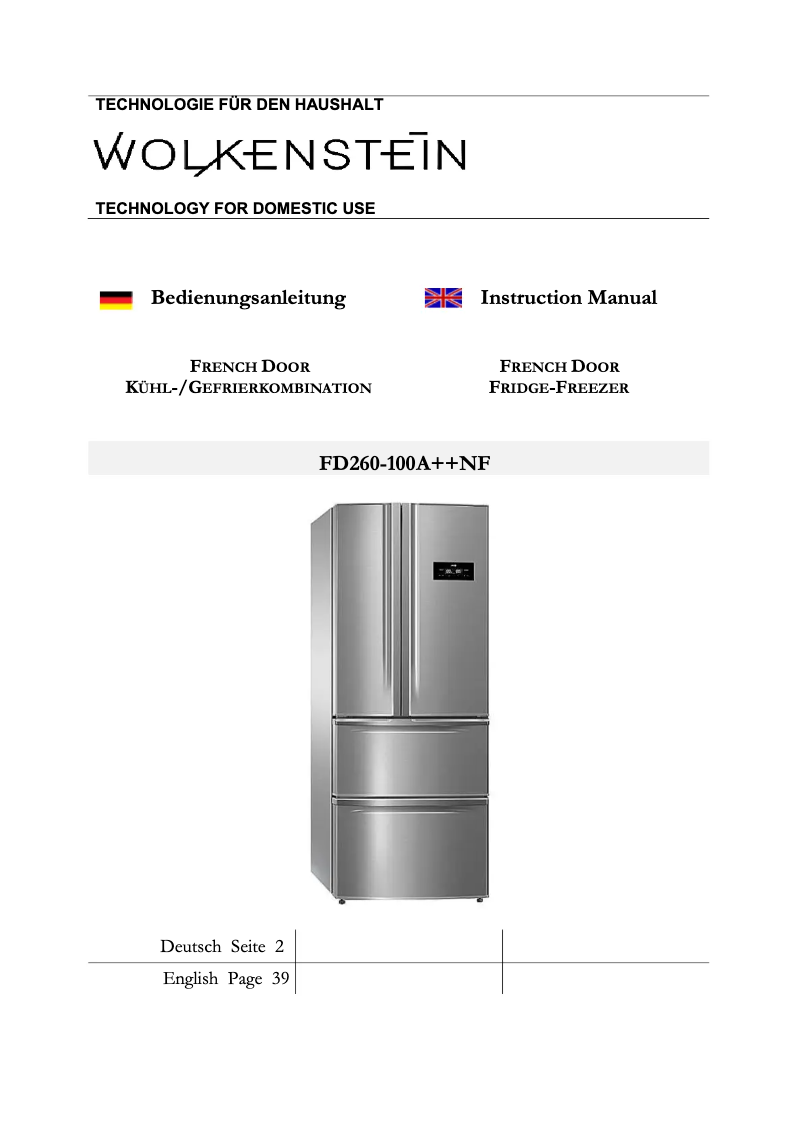 Page 1 de la notice Manuel utilisateur Wolkenstein FD 260-100 A++ NF