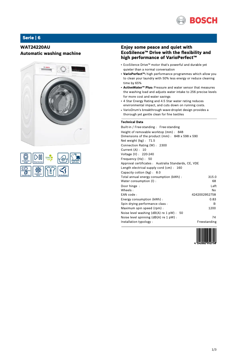 Page n°1 - Fiche technique Bosch WAT24220AU
