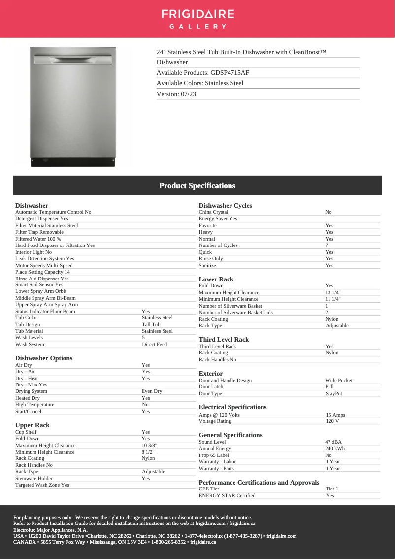Page n°1 - Fiche technique Frigidaire GDSP4715AF