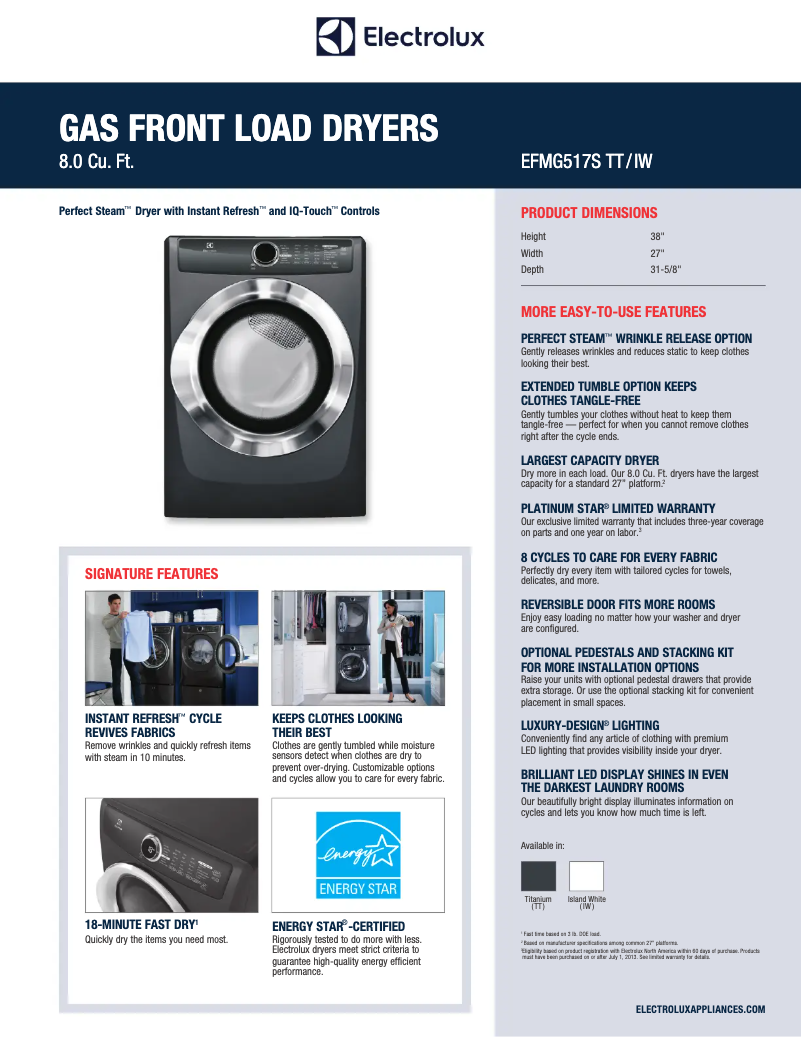 Page 1 de la notice Fiche technique Electrolux EFMG517S