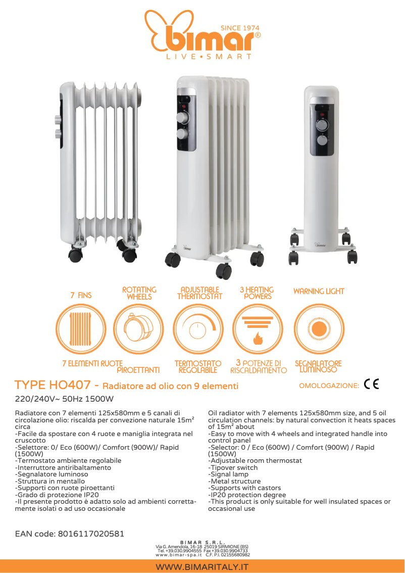 Page 1 de la notice Fiche technique Bimar HO407