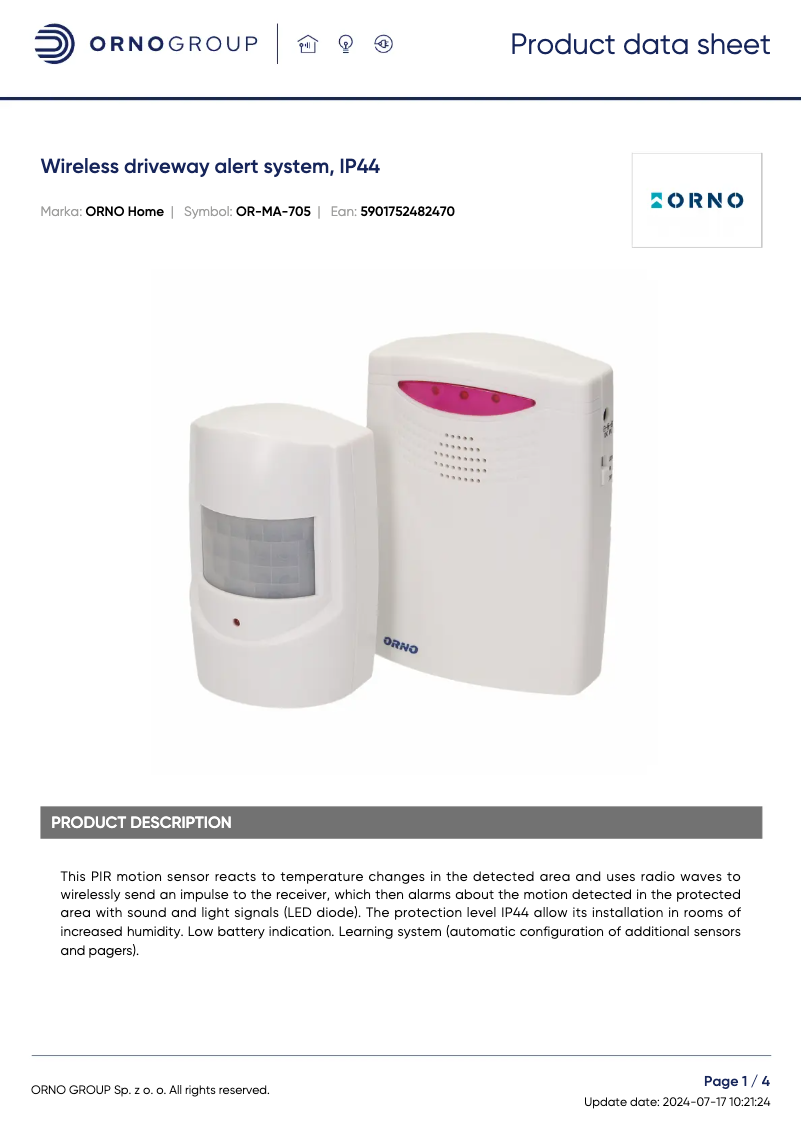 Page 1 de la notice Fiche technique ORNO OR-MA-705