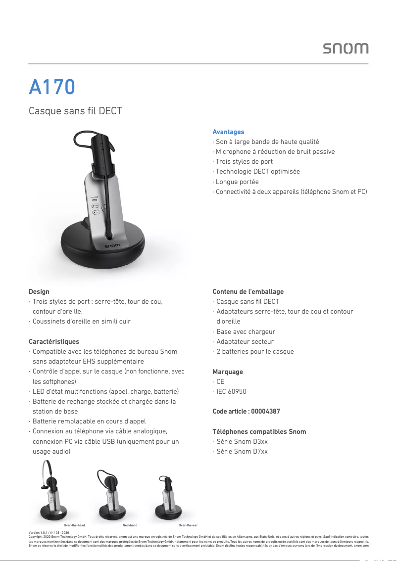 Page 1 de la notice Fiche technique Snom A170