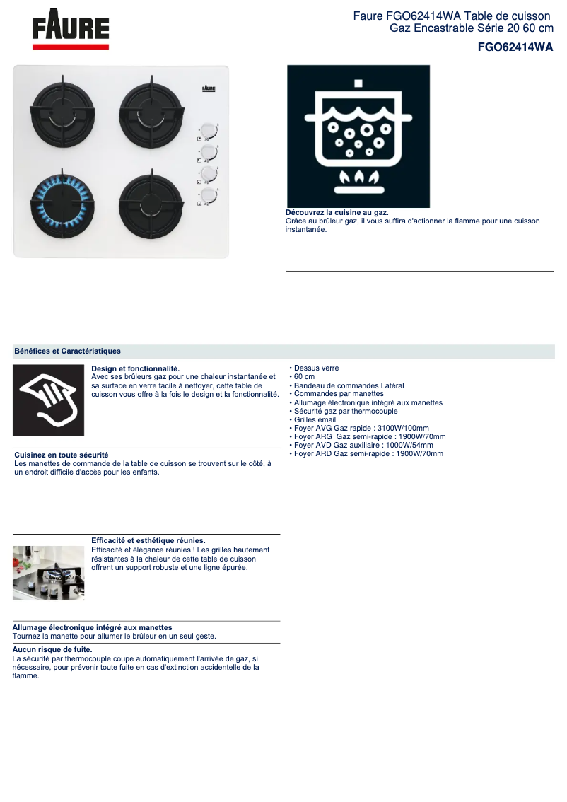 Page 1 de la notice Fiche technique Faure FGO62414WA