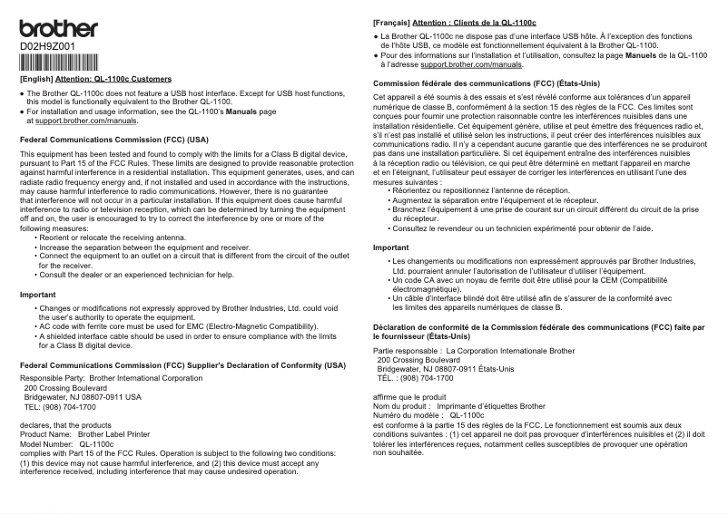 Page 1 de la notice Fiche technique Brother QL-1100