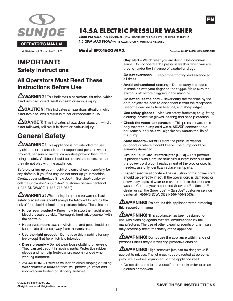 Page 1 de la notice Manuel utilisateur Sun Joe SPX4600-MAX