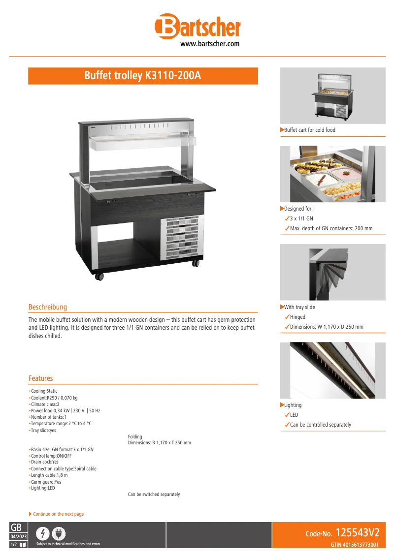 Page n°1 - Fiche technique Bartscher K3110-200A