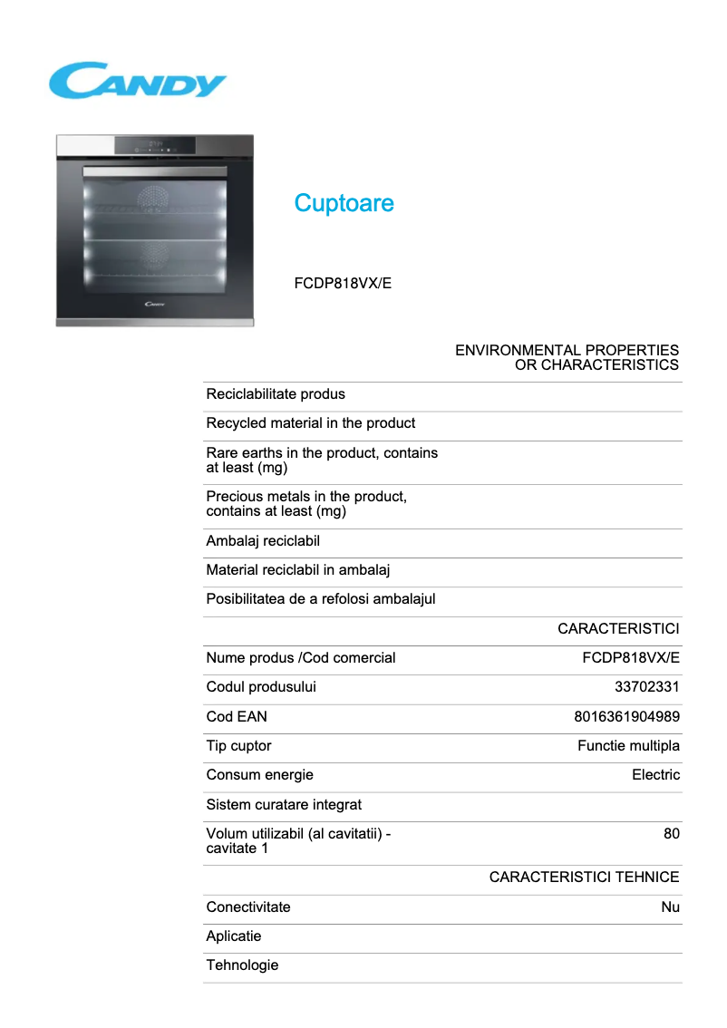 Page 1 de la notice Fiche technique Candy FCDP818VX/E