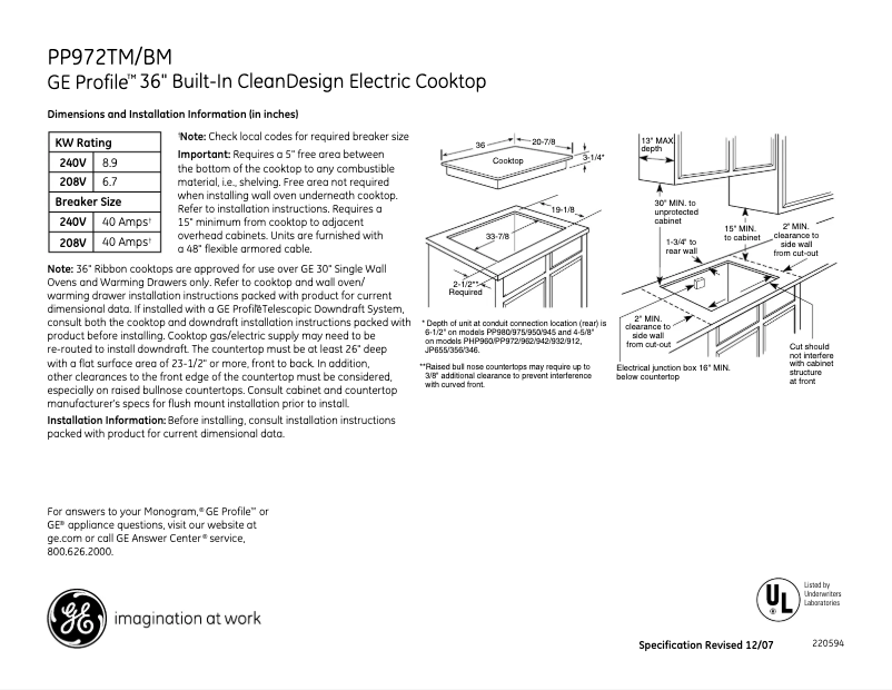 Page 1 of the manual Technical Sheet GE Profile PP972TMWW
